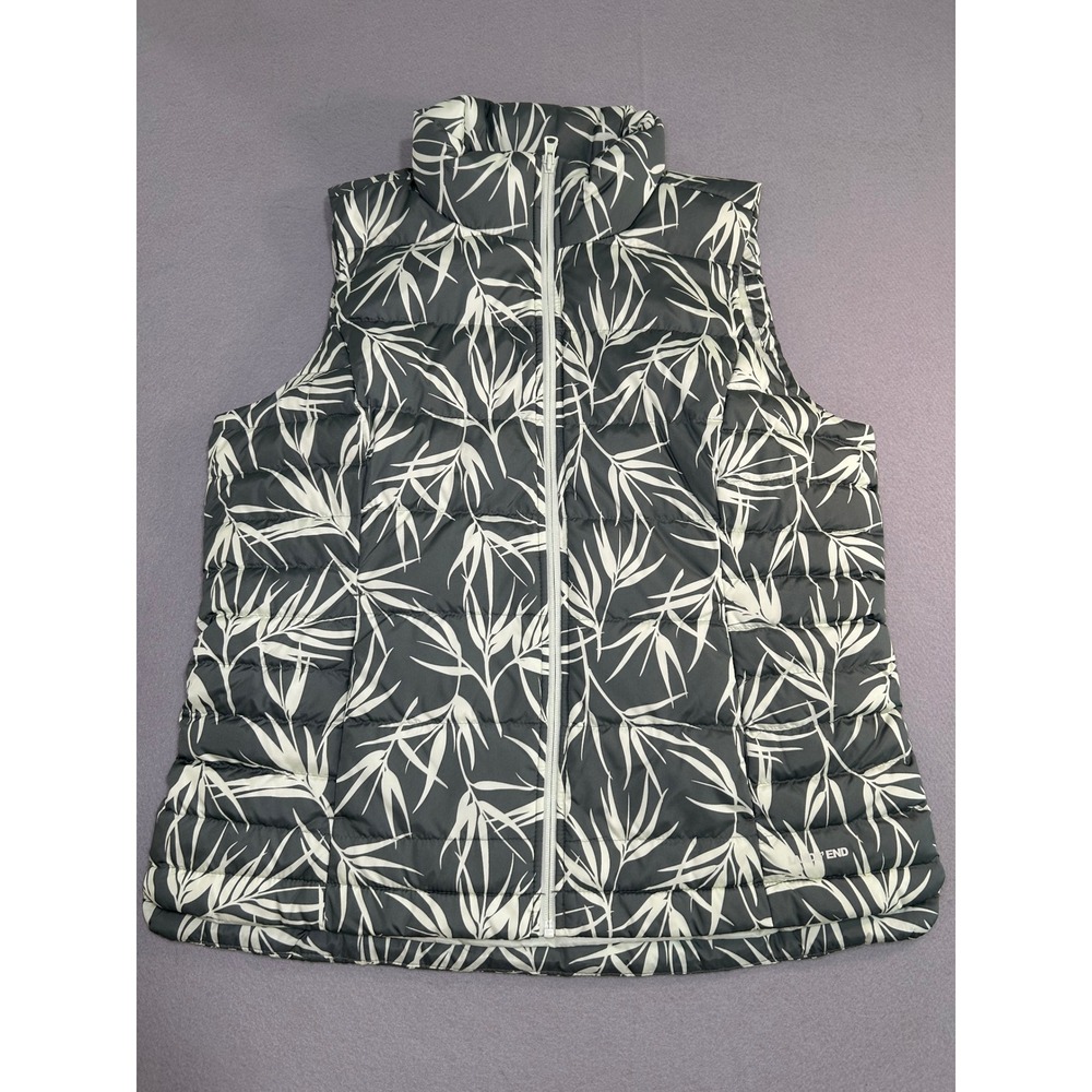 Lands' End Puffer Vest Women L Green Cream‎ Bamboo Leaf Down Quilted Full Zip